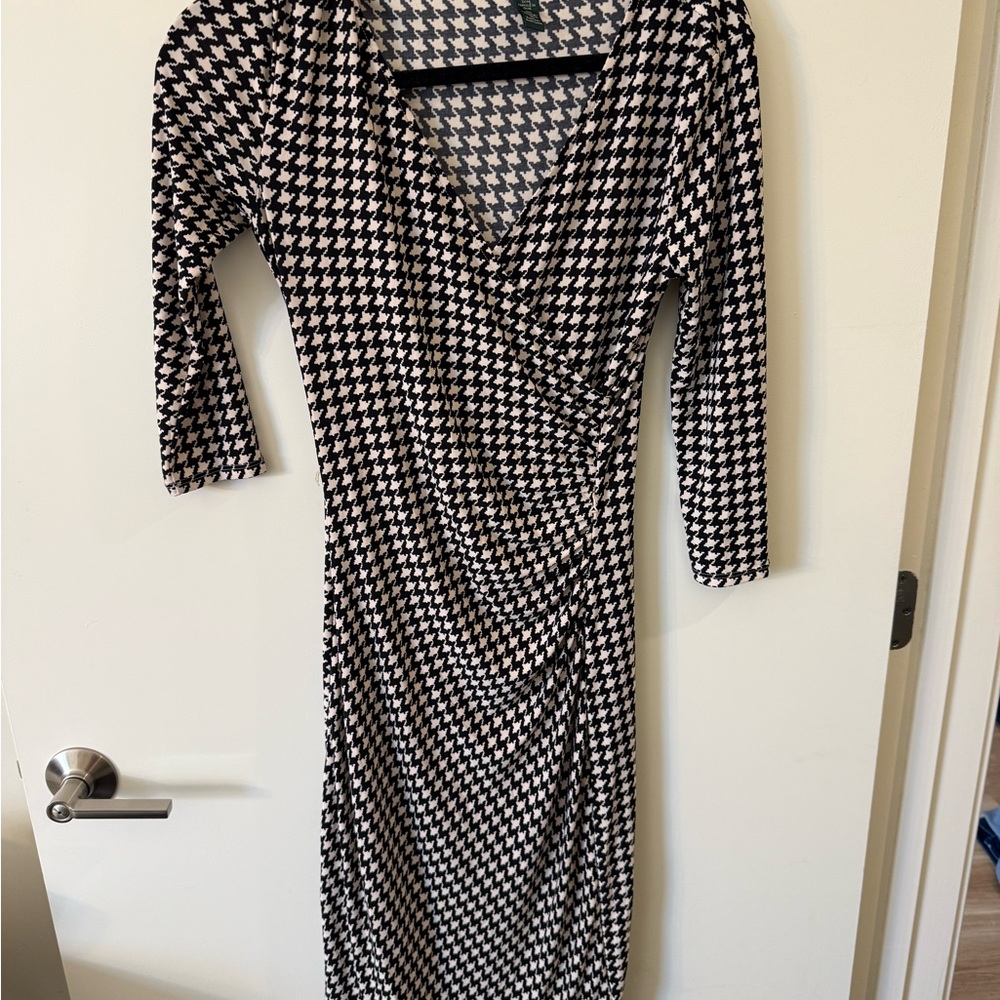 Lauren Ralph Lauren Black and White Houndstooth Long Sleeve Dress